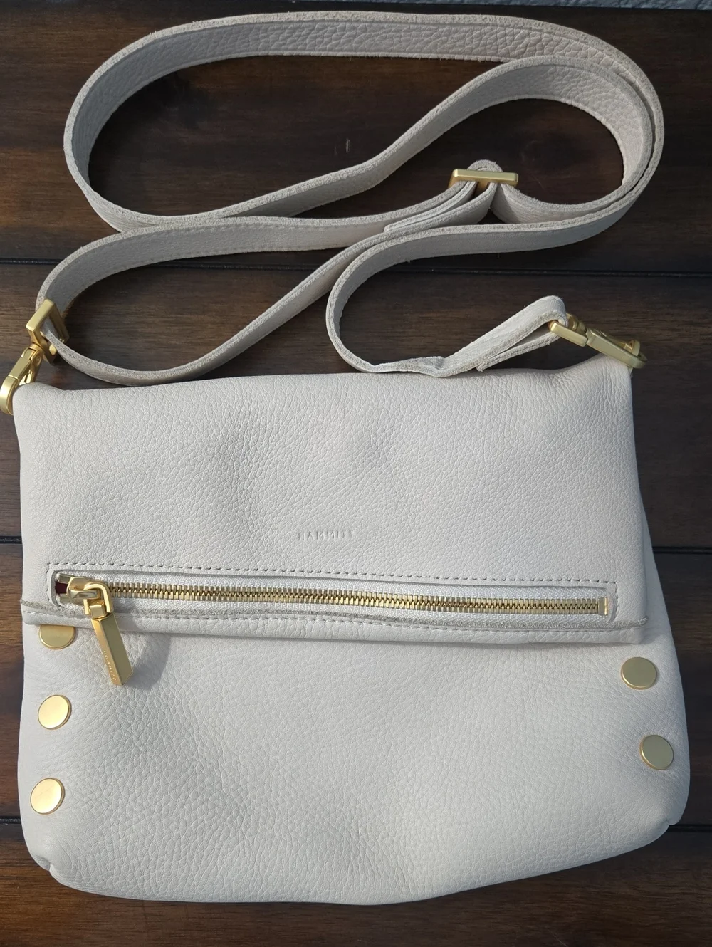 HAMMITT VIP Crossbody Clutch Medium Pebbled Leather Off White Brushed Gold